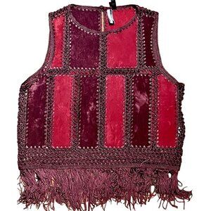 Topshop Boho Faux Suede Fringe Crochet Top Red, Burgundy, size S